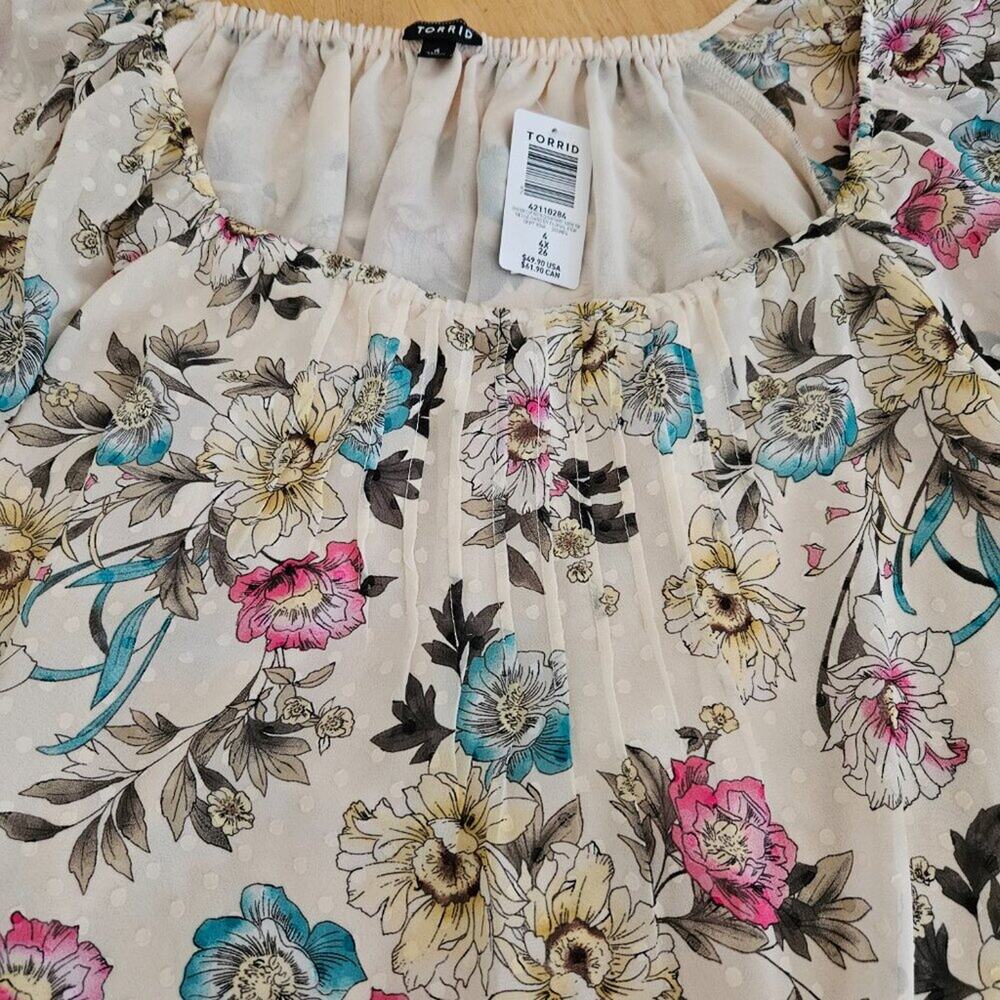 Torrid Chiffon Clip Dot Blouson Short Sleeve Top -Tan floral-torrid 4 (26) NWT - Picture 6 of 10